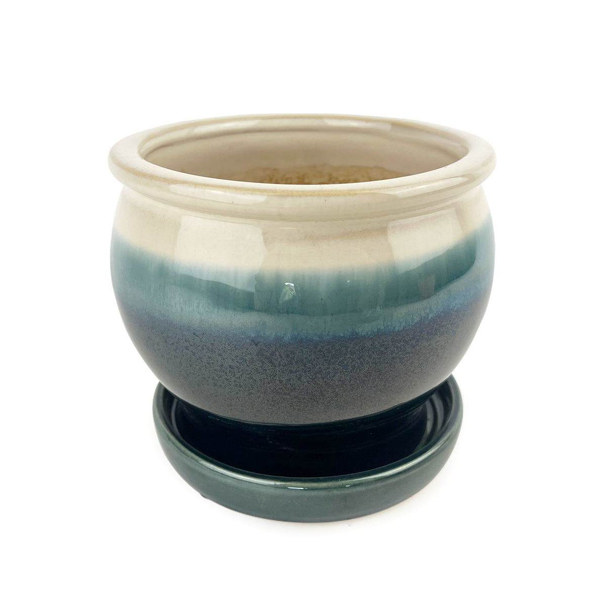 blue ceramic plant saucer 6 inch Dark Blue Ceramic Planter with Cream Rim & Attached Saucer