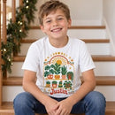 botanical personalized kids shirt retro boho style for sale, whimsical illustrated greenery and leaf patterns with warm vintage color palette, lightweight breathable cotton blend material ideal for all-day comfort, nature-inspired apparel celebrating botanical beauty and retro vibes, delightful wardrobe staple for adventurous young nature enthusiasts, thoughtful personalized gift for children who adore boho aesthetics and plant themes
