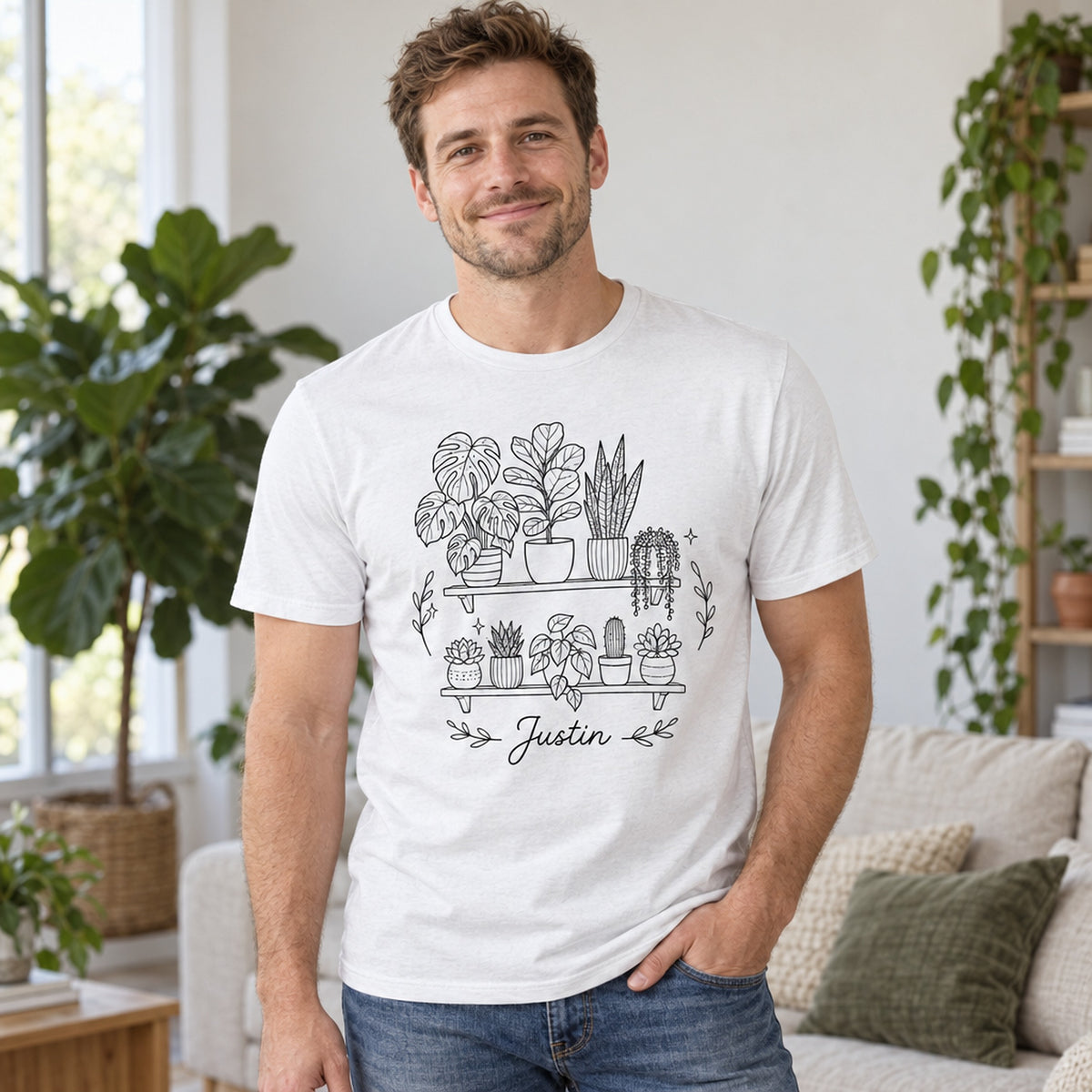 botanical personalized line art shirt for sale, elegant single-line botanical drawing with organic flowing leaf shapes, expressive artistic line work capturing natural plant geometry, comfortable everyday wear with artistic flair, celebrates botanical beauty through minimalist design, ideal casual lifestyle wear, thoughtful personalized gift for nature enthusiasts