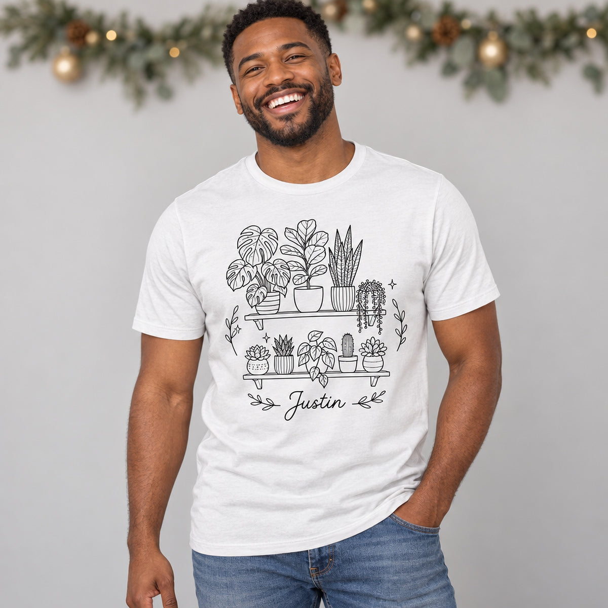 buy botanical personalized line art shirt online, minimalist hand-drawn plant motif with delicate stem and leaf details, artistic monochrome line illustration design, contemporary wearable art piece, versatile casual wardrobe staple, perfect modern wardrobe accent, unique personalized gift idea for plant lovers