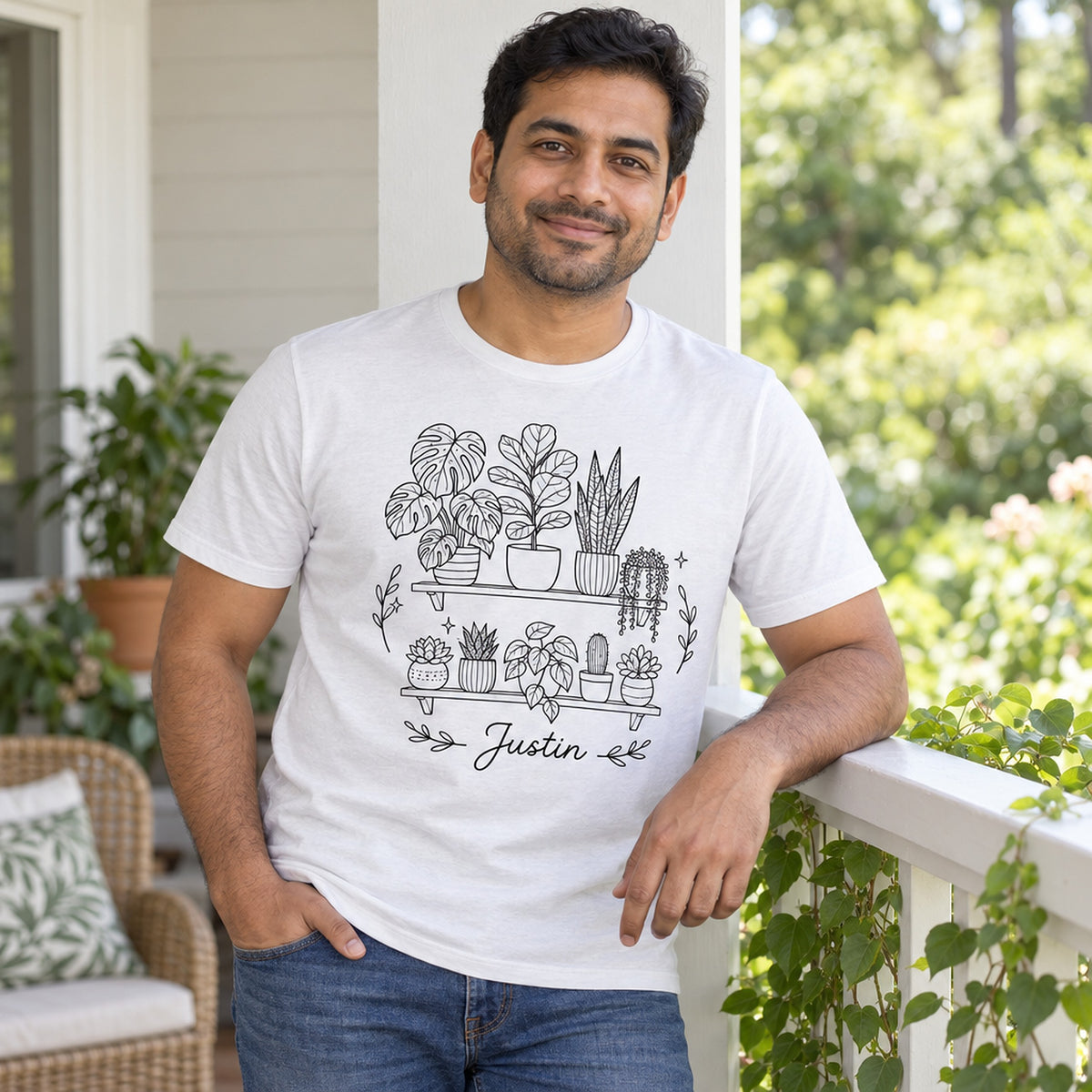 buy botanical personalized line art shirt live plant online, sophisticated line art plant silhouette with graceful branching structure, refined monochromatic botanical illustration on quality fabric, artistic statement piece for nature-inspired wardrobes, contemporary design merging fashion and botanical aesthetics, striking everyday apparel accent, memorable personalized gift for botanical art admirers