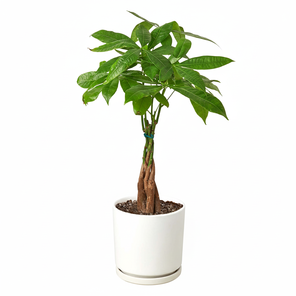 4 inch Braided Pachira Stump Money Tree in ceramic white pot, 4 inch feng shui houseplants, easy to grow indoor plants