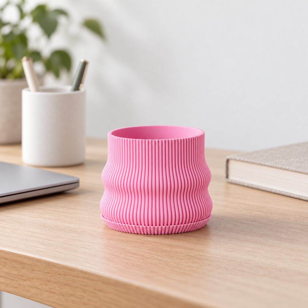 charcoal Bubble Ribbed Planter for sale, 6 inch eco friendly ribbed pot, stylish shelf display, thoughtful home decor gift