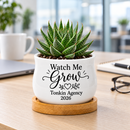 buy personalized succulent pot for corporate favor watch me grow online, miniature white ceramic planter, custom name and date printing, desktop plant container for office gifts