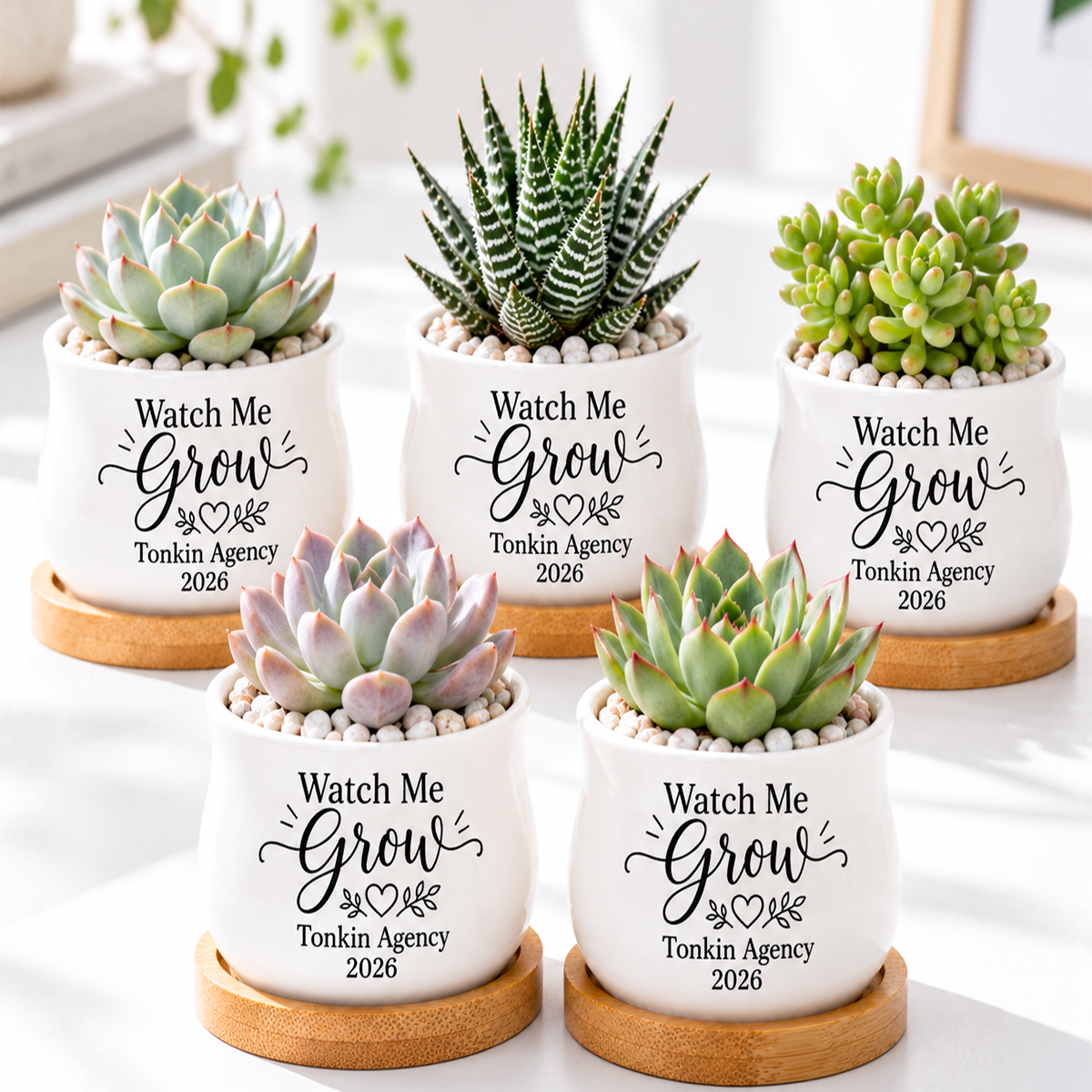 buy pack of personalized ceramic mini pot for corporate favor online, white glazed barrel-style planter with custom printing, includes bamboo drainage tray, ideal for small succulents or decorative displays, perfect corporate gift favor with personalized nameplate