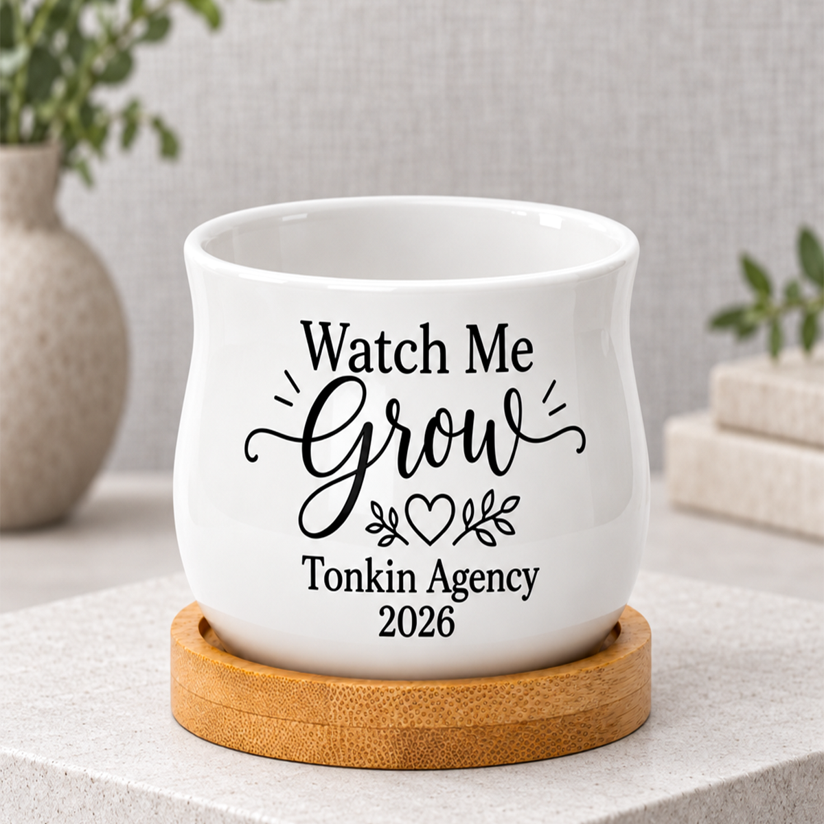 personalized succulent pot for corporate favor watch me grow for sale, small ceramic pot with drainage hole, includes natural bamboo tray, corporate team gift