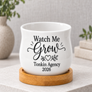 buy personalized succulent pot for corporate favor watch me grow online, miniature white ceramic planter, custom name and date printing, desktop plant container for office gifts