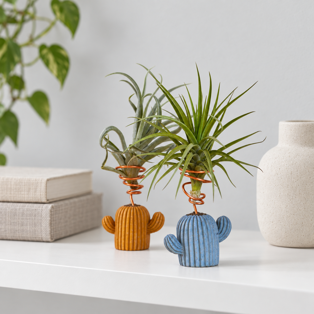 charming cactus air plant stand for sale, mini size, soft lavender colored pot, whimsical design, smooth matte finish, compact footprint, excellent for adding a pop of color to shelves, perfect birthday gift for plant enthusiasts