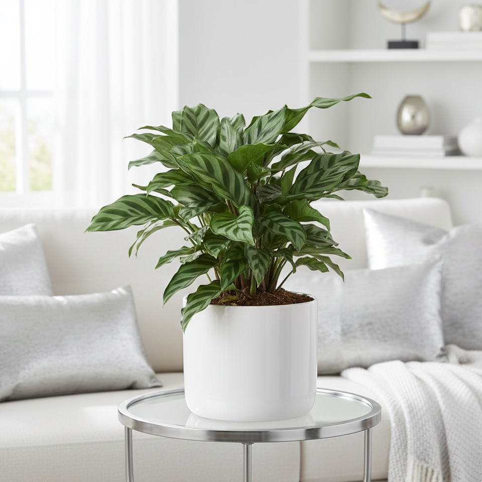 Calathea Concinna Freddie in white decorative ceramic pot, Prayer Plant with striped leaves, Zebra Plant houseplant Home Decor Ideas