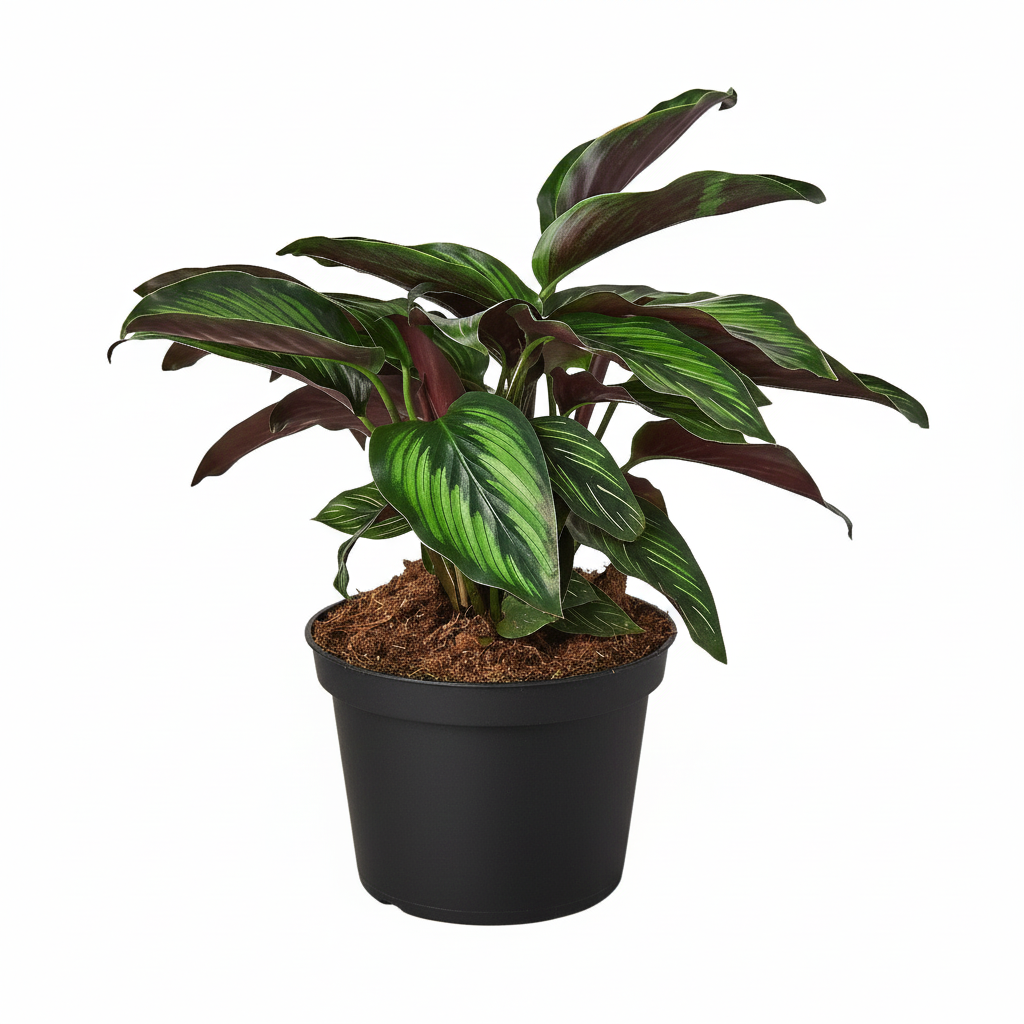 6 inch Calathea Beauty Star in black plastic pot, 6 inch prayer plants, colorful houseplants