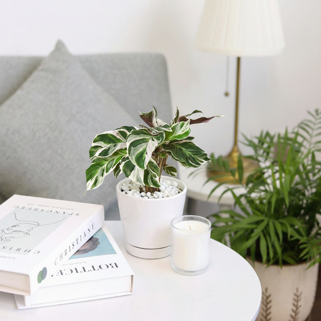 4 inch Calathea 'White Fusion' in white ceramic minimalist pot, colorful tropical houseplants, indoor plants for decoration