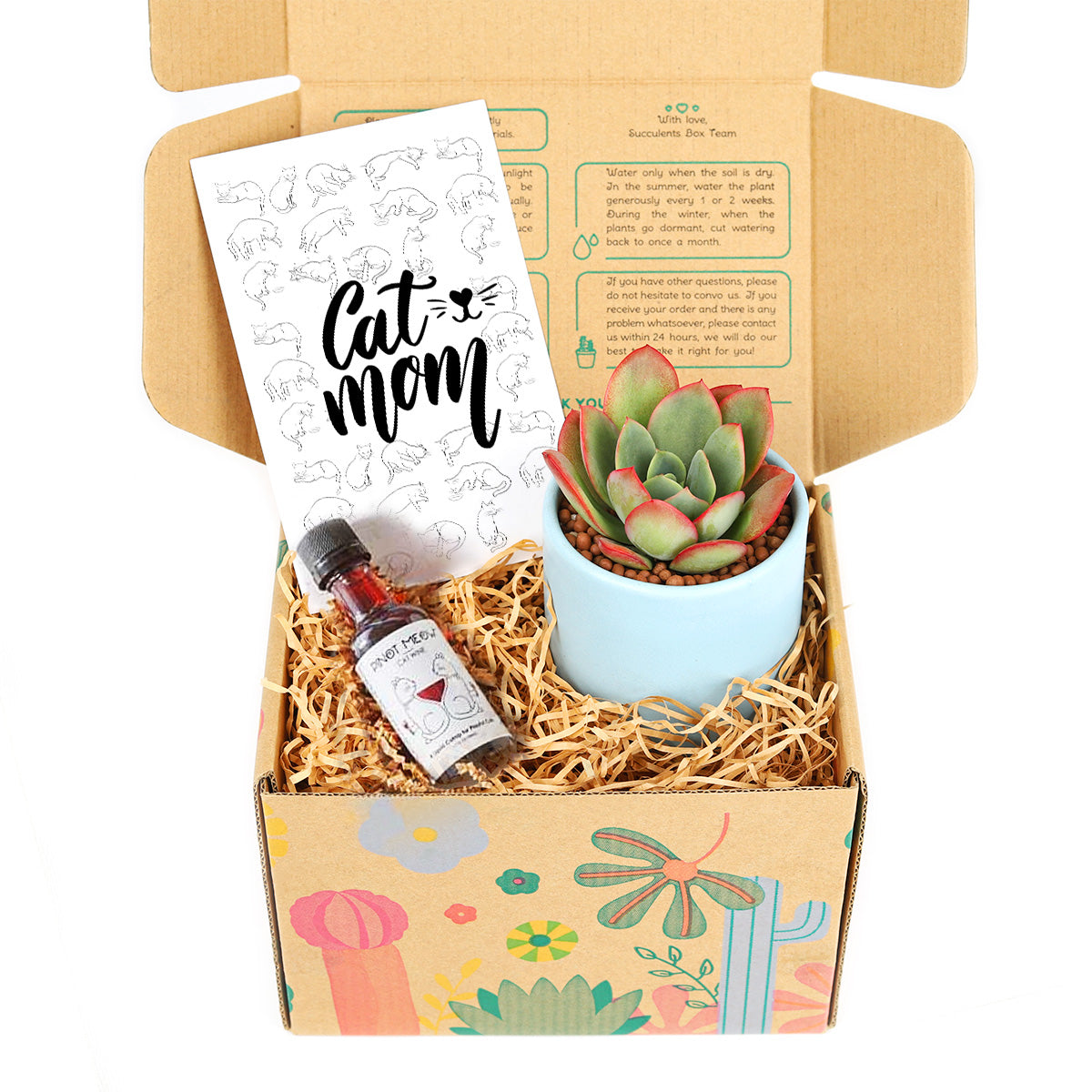 pet-friendly gift box, gift box for pets, succulents gift box, gift box for pet owners, cat wine, greeting card for pet lovers