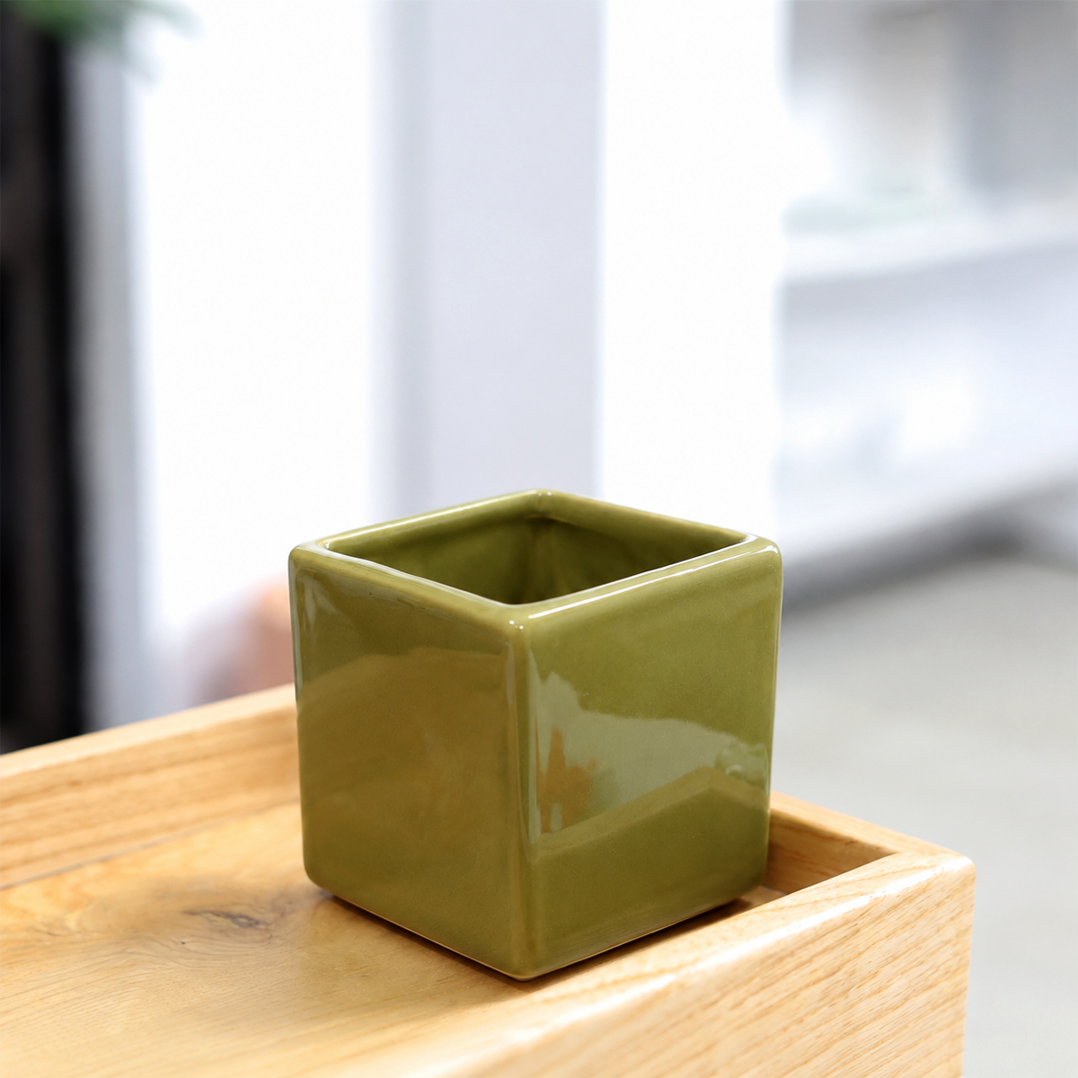buy ceramic color cube container live plant avocado green online, compact geometric ceramic pot in bold avocado green glaze, smooth matte finish with clean cube form, ideal for rosette air plants or small succulents, contrasting curvy tropical leaves against angular edges, bright desk accent or side table decor, charming low-maintenance plant gift for home or office