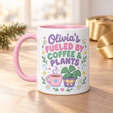 buy Coffee &amp; Plants Cute Pastel Personalized Mug 11 oz online, charming pastel-toned ceramic vessel with custom personalization, delightful coffee and botanical illustration design, durable microwave and dishwasher safe drinkware, perfect for daily caffeine enjoyment and plant lover appreciation, ideal cozy morning beverage companion, thoughtful personalized gift for coffee enthusiasts and plant parents