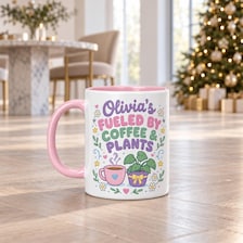 15 oz Coffee &amp; Plants Cute Pastel Personalized Mug for sale, spacious capacity ceramic mug with soft pastel aesthetic and customizable name or message, cheerful coffee plant themed artwork in gentle contemporary style, comfortable ergonomic handle and heat-resistant glazed finish, wonderful desk and kitchen countertop accent piece, unique personalized gift idea for coffee drinkers and indoor gardening fans