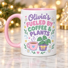 15 oz Coffee &amp; Plants Cute Pastel Personalized Mug for sale, generous capacity personalized ceramic mug featuring adorable coffee plant themed cute pastel artwork, customizable with recipient name or special message for thoughtful presentation, smooth glazed surface with vibrant plant and coffee motif design, excellent gift mug for desk plant displays and morning ritual moments, meaningful personalized keepsake gift for botanical coffee lovers