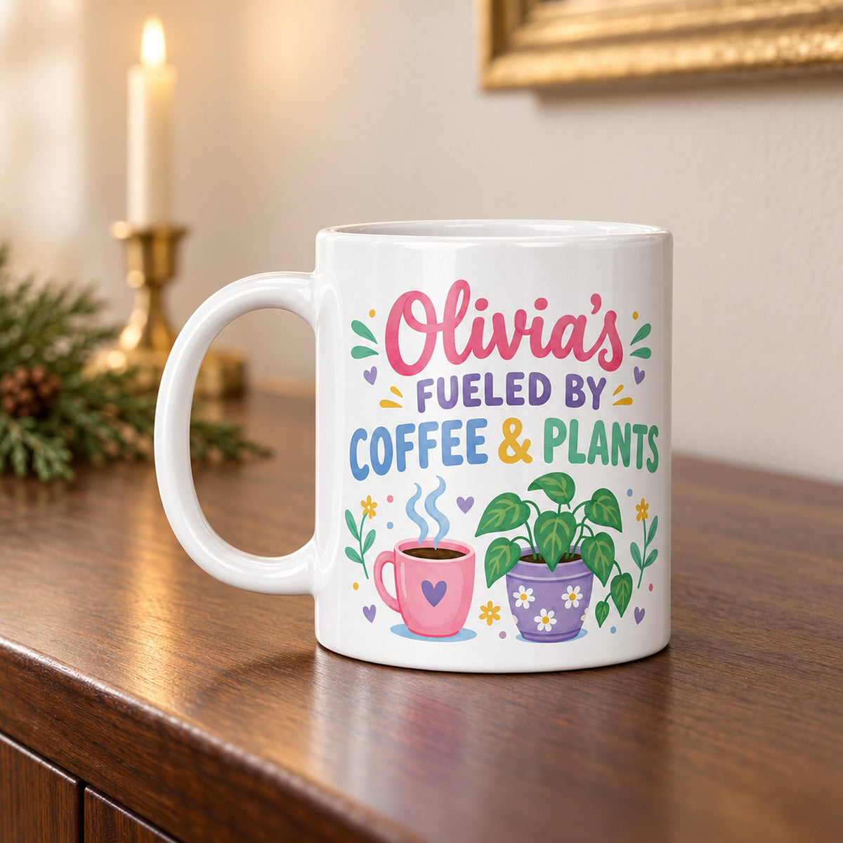 15 oz Coffee &amp; Plants Personalized Mug - Colorful Floral Design for sale, bright prismatic blooms with intricate petal details and leafy greenery composition, customizable personalization option for special names or messages, premium ceramic construction for long-lasting everyday brewing, vibrant floral design celebrates plant parent lifestyle, ideal coffee bar or workspace desk accessory, memorable personalized gift for gardeners and beverage enthusiasts