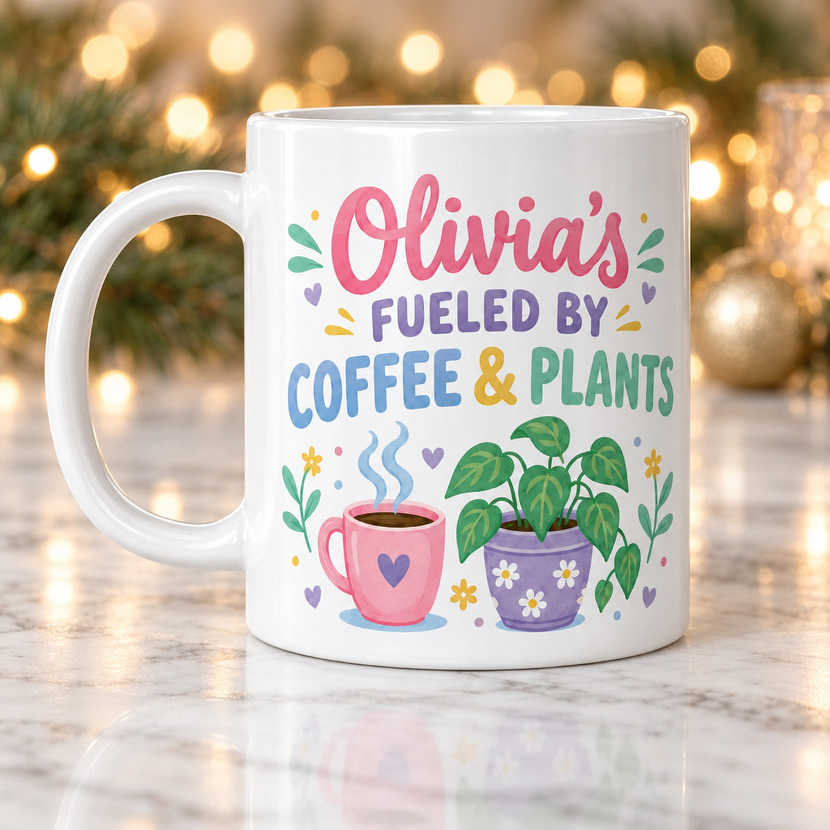 buy Coffee &amp; Plants Personalized Mug - Colorful Floral Design 11 oz online, radiant botanical pattern featuring diverse flowering plants and foliage in warm saturated tones, nature-inspired artistic illustration with whimsical garden aesthetic, smooth glazed ceramic surface for comfortable hand-holding, perfect companion for morning coffee rituals, cheerful home decor accent for plant lover spaces, distinctive personalized mug gift for nature enthusiasts