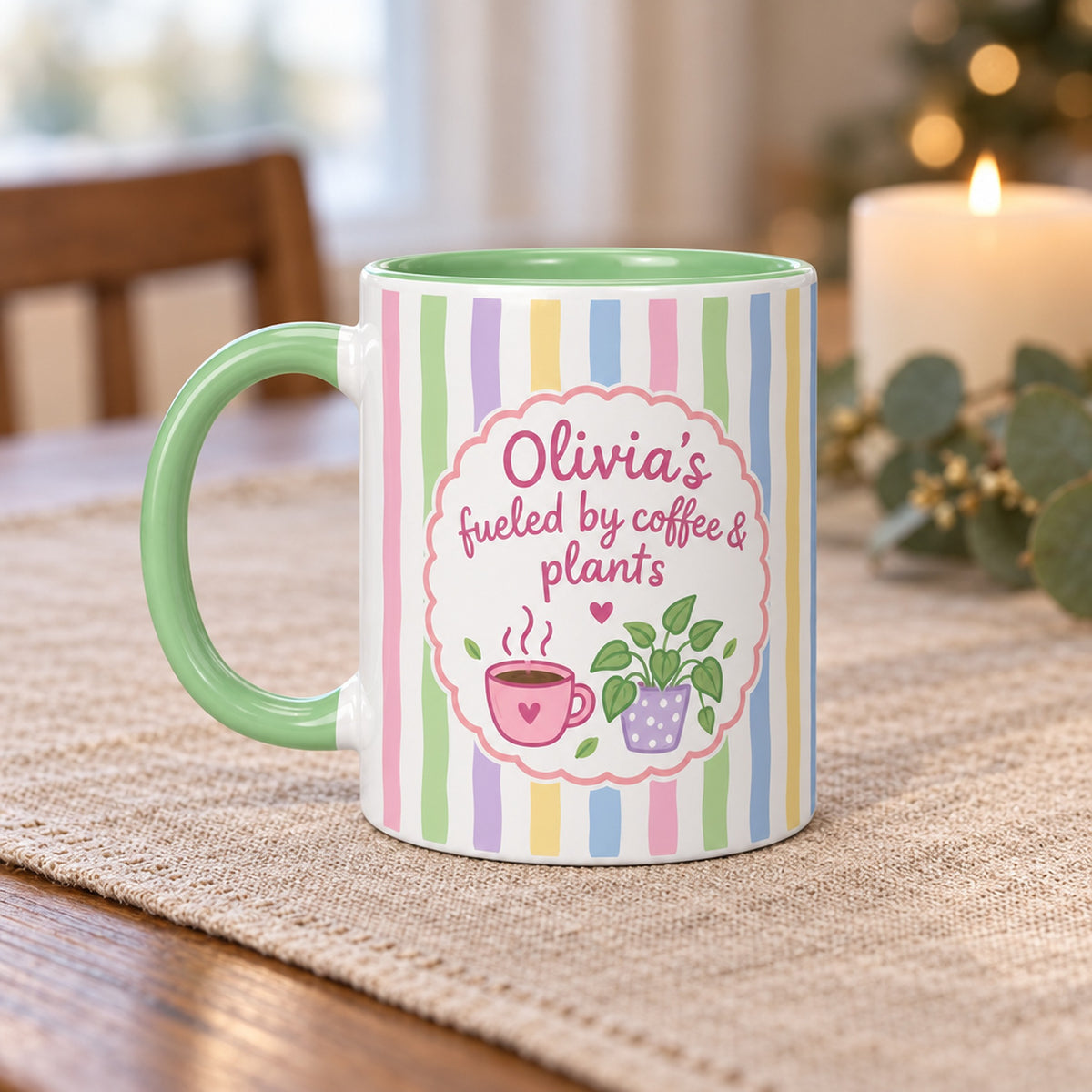 15 oz Coffee &amp; Plants Personalized Mug - Pastel Striped Design for sale, generous sized ceramic mug with personalized name or message capability, lovely pastel striped design celebrating plant and coffee culture, extra capacity for large servings of favorite hot beverages, charming personalized gift for home decor and daily use, perfect present for plant lovers and coffee aficionados