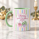 15 oz Coffee &amp; Plants Personalized Mug - Pastel Striped Design for sale, generous sized ceramic mug with personalized name or message capability, lovely pastel striped design celebrating plant and coffee culture, extra capacity for large servings of favorite hot beverages, charming personalized gift for home decor and daily use, perfect present for plant lovers and coffee aficionados
