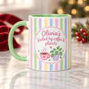 15 oz Coffee &amp; Plants Personalized Mug - Pastel Striped Design for sale, generous sized ceramic mug with personalized name or message capability, lovely pastel striped design celebrating plant and coffee culture, extra capacity for large servings of favorite hot beverages, charming personalized gift for home decor and daily use, perfect present for plant lovers and coffee aficionados