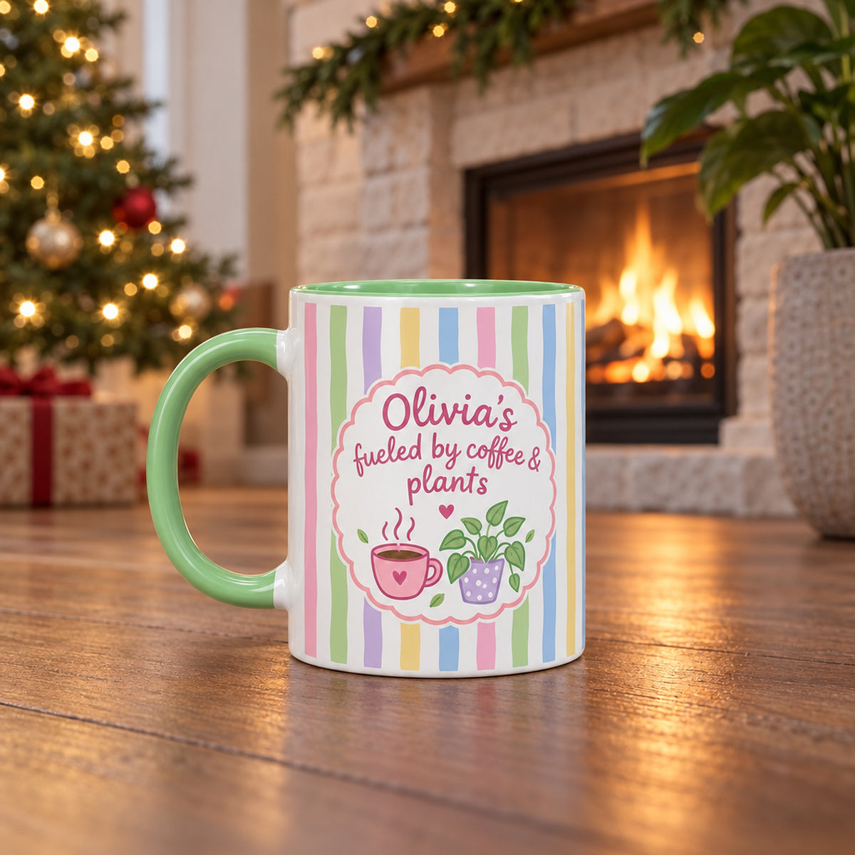 buy Coffee &amp; Plants Personalized Mug - Pastel Striped Design online, beautiful ceramic mug featuring complementary plant and coffee design elements, soft pastel striped aesthetic with modern minimalist appeal, functional drinkware perfect for morning coffee or afternoon tea, stunning personalized kitchen decor piece, ideal custom gift for plant parents and caffeine lovers