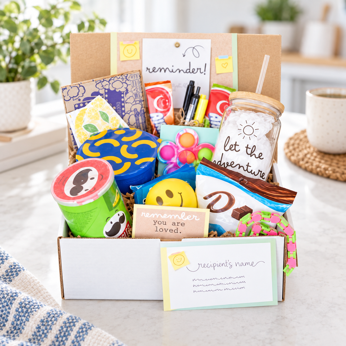 colorful college student care package gift box displayed open, showing a clear tumbler with teak lid, affirmation cards and stand, fidget spinner, stress relief ball, snacks including mac and cheese and popcorn, sticky notes, markers, highlighter, pen, and a handwritten gift message card nestled among items