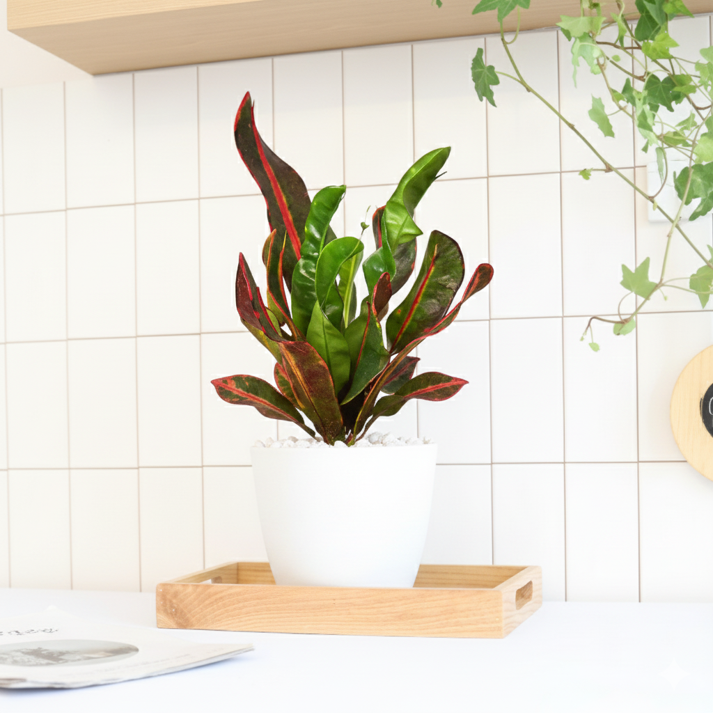 4 inch Croton 'Mammy' in white decorative pot, 4 inch colorful houseplants, decorative plants for home/office