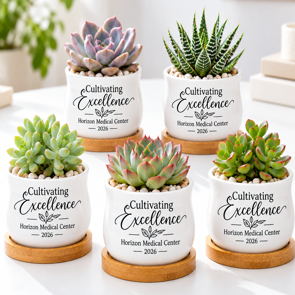 buy Pack of Personalized Succulent Pot for Corporate Favor - Cultivating Excellence online, white glazed ceramic barrel-style mini pot, natural bamboo drainage tray included, custom printed personalization with cultivating excellence design, perfect for corporate events team gifts and office favors