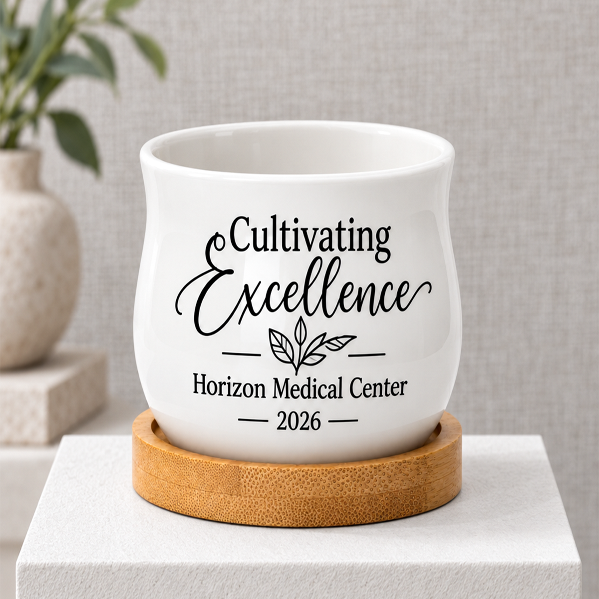 white ceramic personalized succulent pot for corporate favor cultivating excellence for sale, custom printed nameplate, compact mini planter size, perfect team appreciation gift or company event favor
