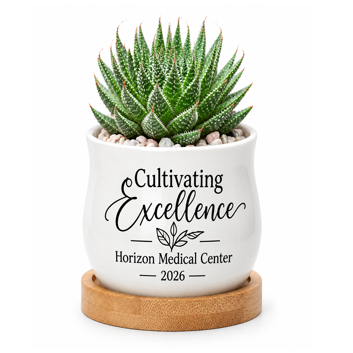 buy personalized ceramic mini pot for corporate favor cultivating excellence online, white barrel design with included bamboo tray, small desktop planter size, great for tea light candles or dried flower arrangements