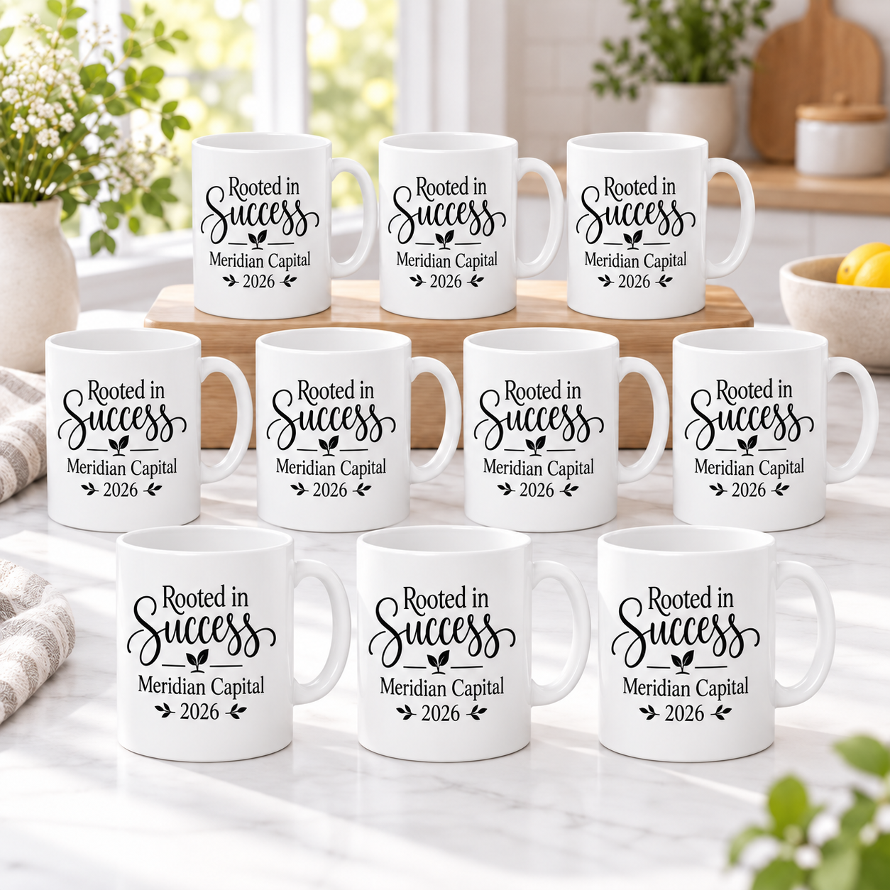 ten white ceramic pots with minimalist design arranged in a grid, each featuring a custom photo or personalized design printed in vibrant colors on the smooth surface, showing various styles including watercolor, line art, and text options for display or gifting