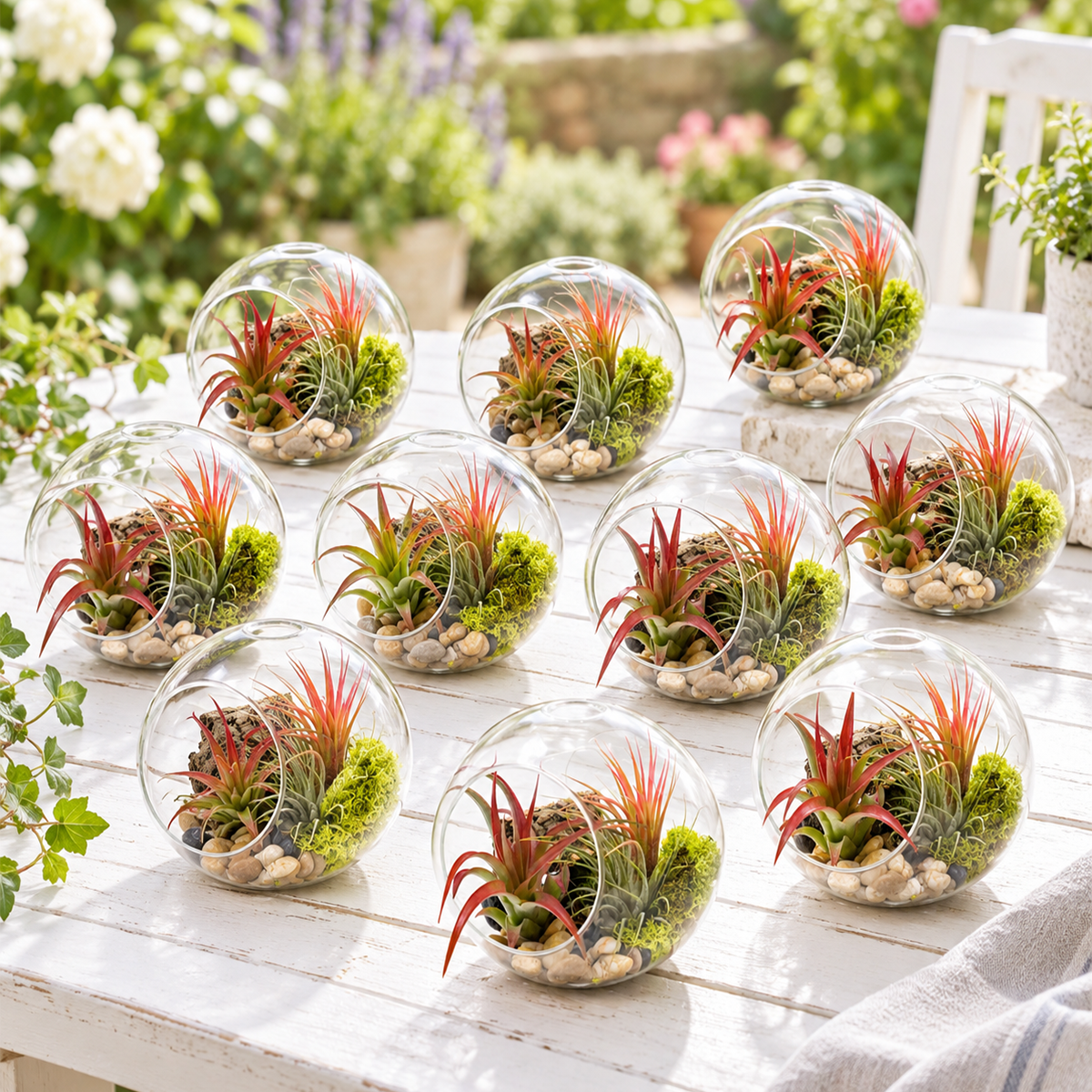 overhead view of ten large clear glass globe terrariums arranged in rows, each containing a tillandsia air plant with varying heights and textures, surrounded by decorative sand and cork pieces on a light wood surface