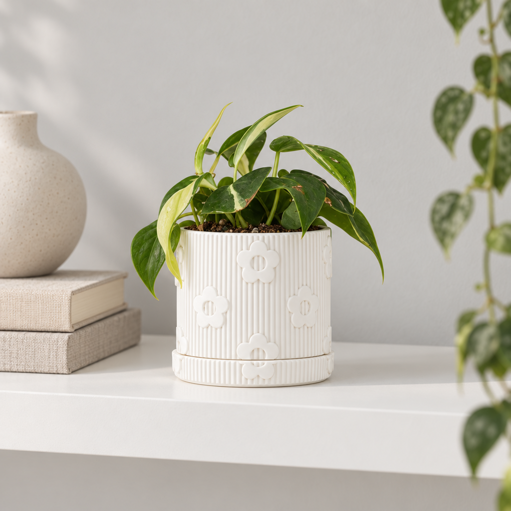 buy Daisy Flower Planter with Drainage Tray online, 6 inch dark blue sustainable versatile container, excellent for indoor gardens, makes a wonderful gift