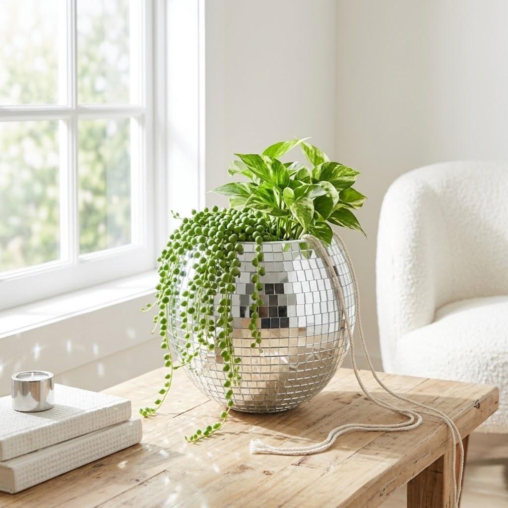 Buy Disco Ball Hanging Planter online, mirrored disco ball planter for indoor plants, retro home decor disco ball planter, fun retro planter for housewarming gift