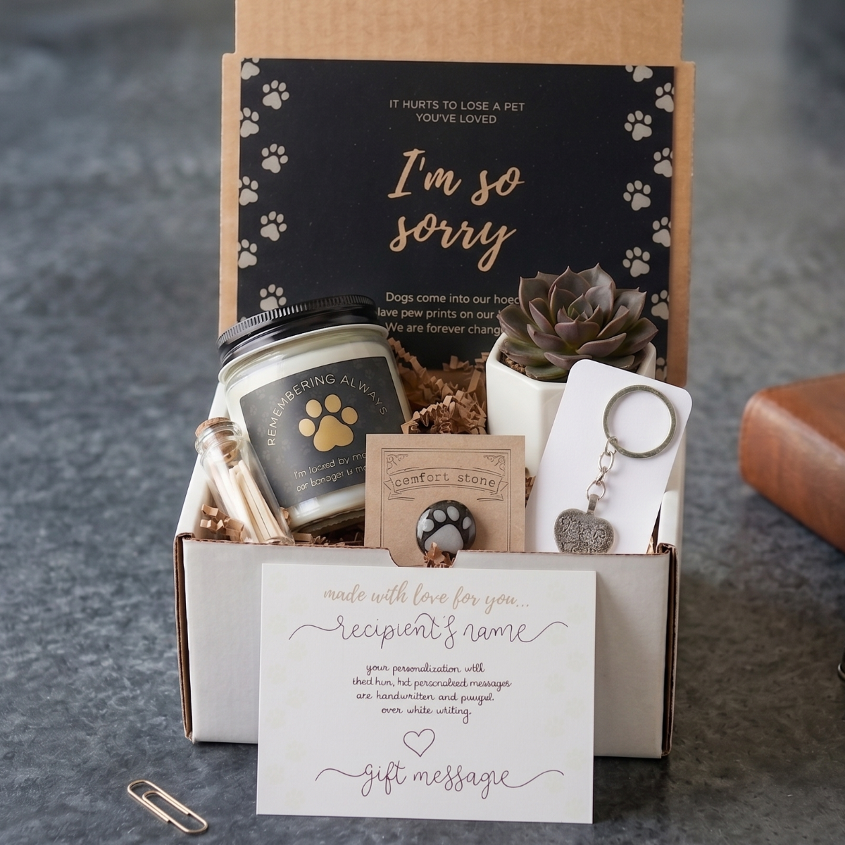 Dog Memorial Gift Box for sale, dog memorial gift box to remember beloved pet, thinking of you gift box for dog loss, dog memorial care package for grieving friend, sympathy gift for loss of dog with memorial items