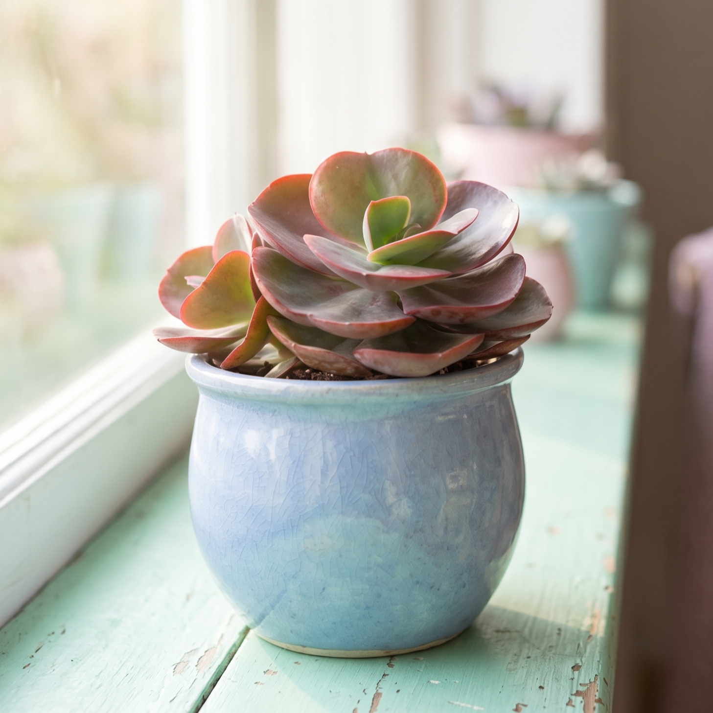 buy echeveria 'big red' live succulent 2 inch online, deep crimson-red fleshy leaves with bronze undertones, compact rosette form under direct sun exposure, requires rotating regularly for balanced symmetric growth, sensitive to temperature fluctuations from ac and heating vents, perfect bright windowsill accent plant, unique red succulent gift idea