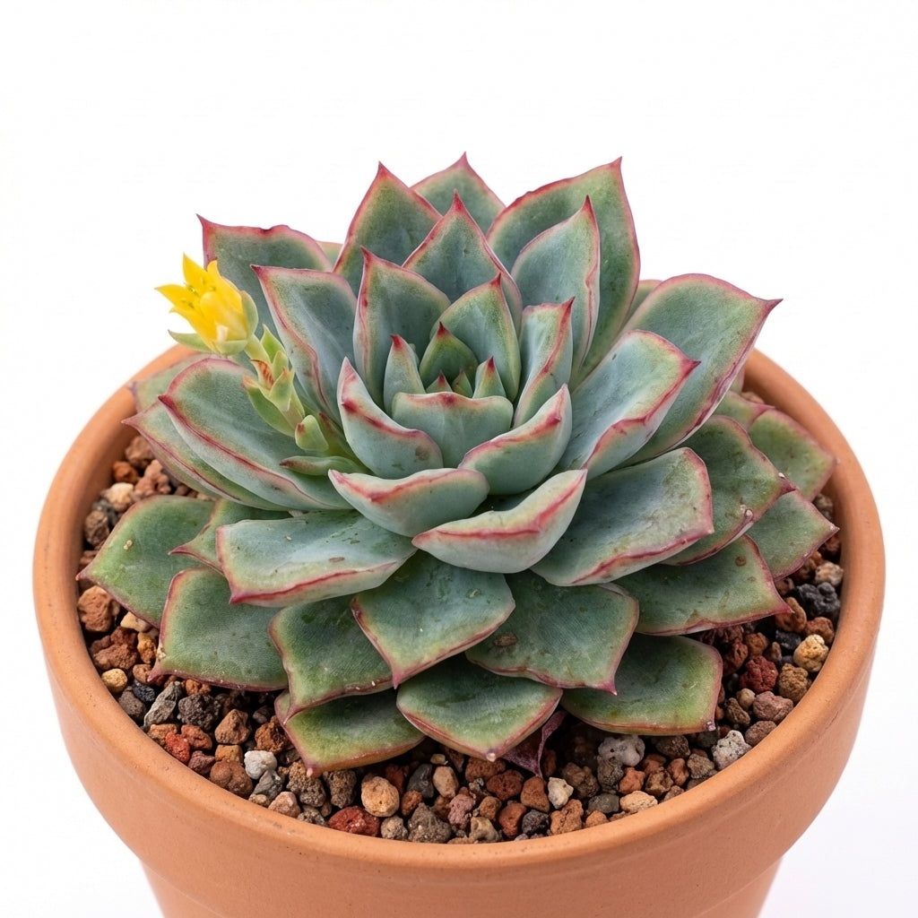 Potted Echeveria 'California Queen' on a white background, green succulents, indoor succulents, succulent care guide, buy succulents online on a white background