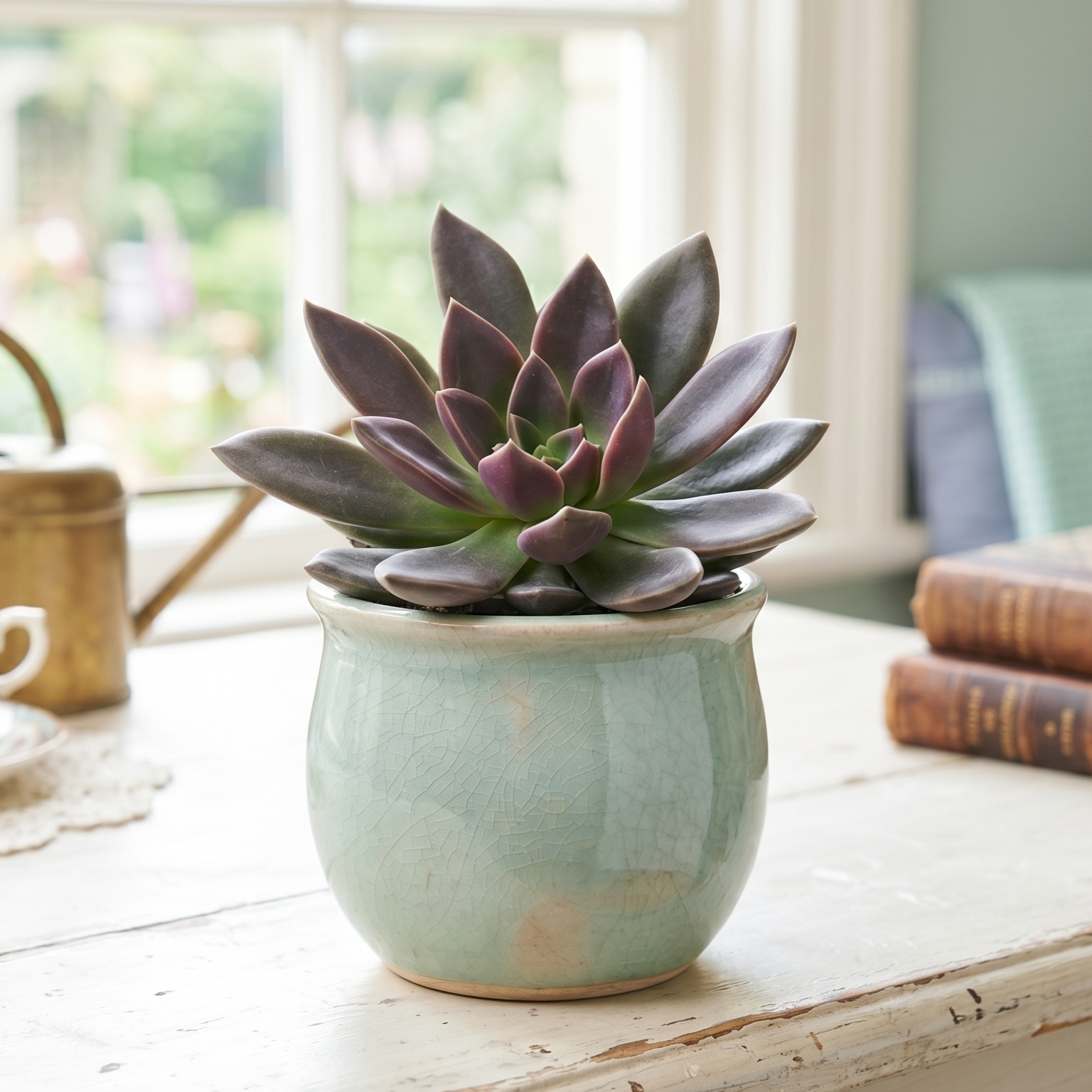buy echeveria 'serrana' live succulent 2 inch online, dramatic chocolatey-purple rosette with bright green center, farina-dusted lanceolate leaves, compact slow-growing form, drought tolerant and easy care, architectural accent for sunny windowsill o