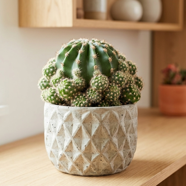 4 inch echinobivia rainbow bursts live succulent for sale, compact ball cactus form, ridged texture, pink flower display, low maintenance beauty, stunning home decor, thoughtful housewarming present