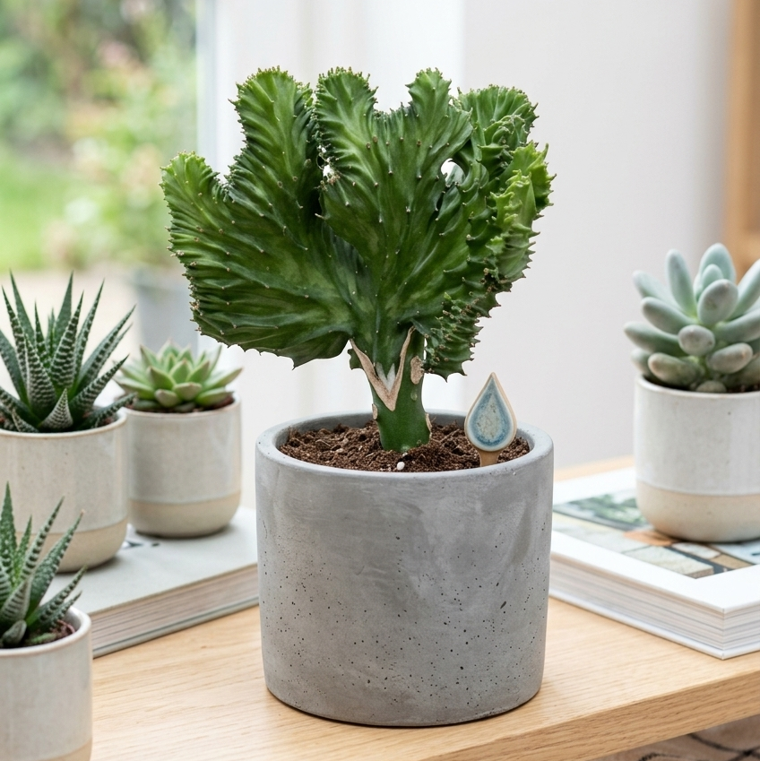 buy Succulent Euphorbia Lactea 'Mermaid Tail' live succulent 4" Pot online, rare architectural form with branching gray-green stems, unique wavy leaf clusters, drought tolerant succulent requiring rotating for even growth, statement piece for bohemian or modern home decor, thoughtful collector gift for plant enthusiasts