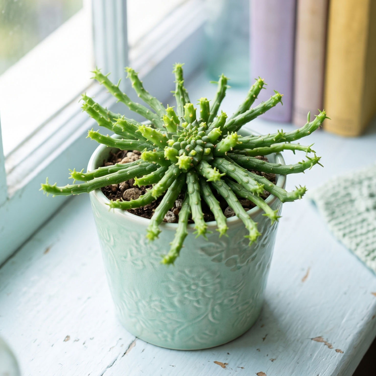 buy euphorbia flanaganii medusa head live succulent 4 inch online, distinctive clustered tentacle-like stems in pale green with reddish tones, unique sculptural growth form resembling mythical medusa, thrives in direct sun to low-light conditions, tolerates dry heated indoor air beautifully, perfect contemporary shelf accent plant, rare collector plant gift idea
