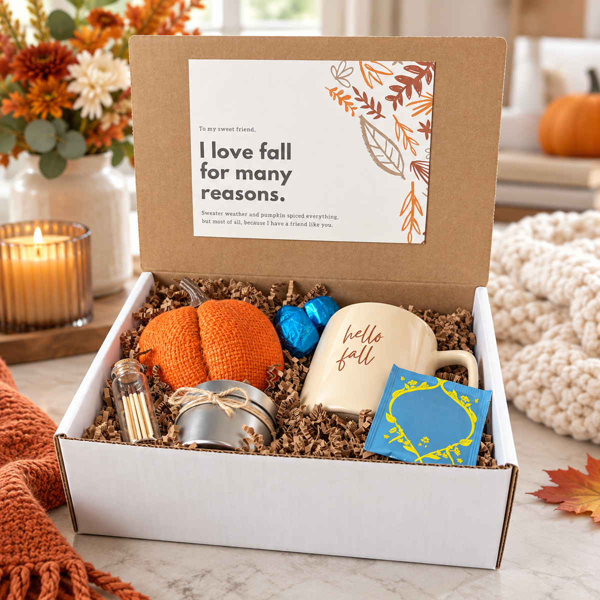 overhead view of an open seasonal gift box displaying a ceramic fall mug, hand-poured soy candle, tea package, chocolates, decorative match jar, and personalized encouragement card arranged on kraft tissue paper with autumn-themed packaging