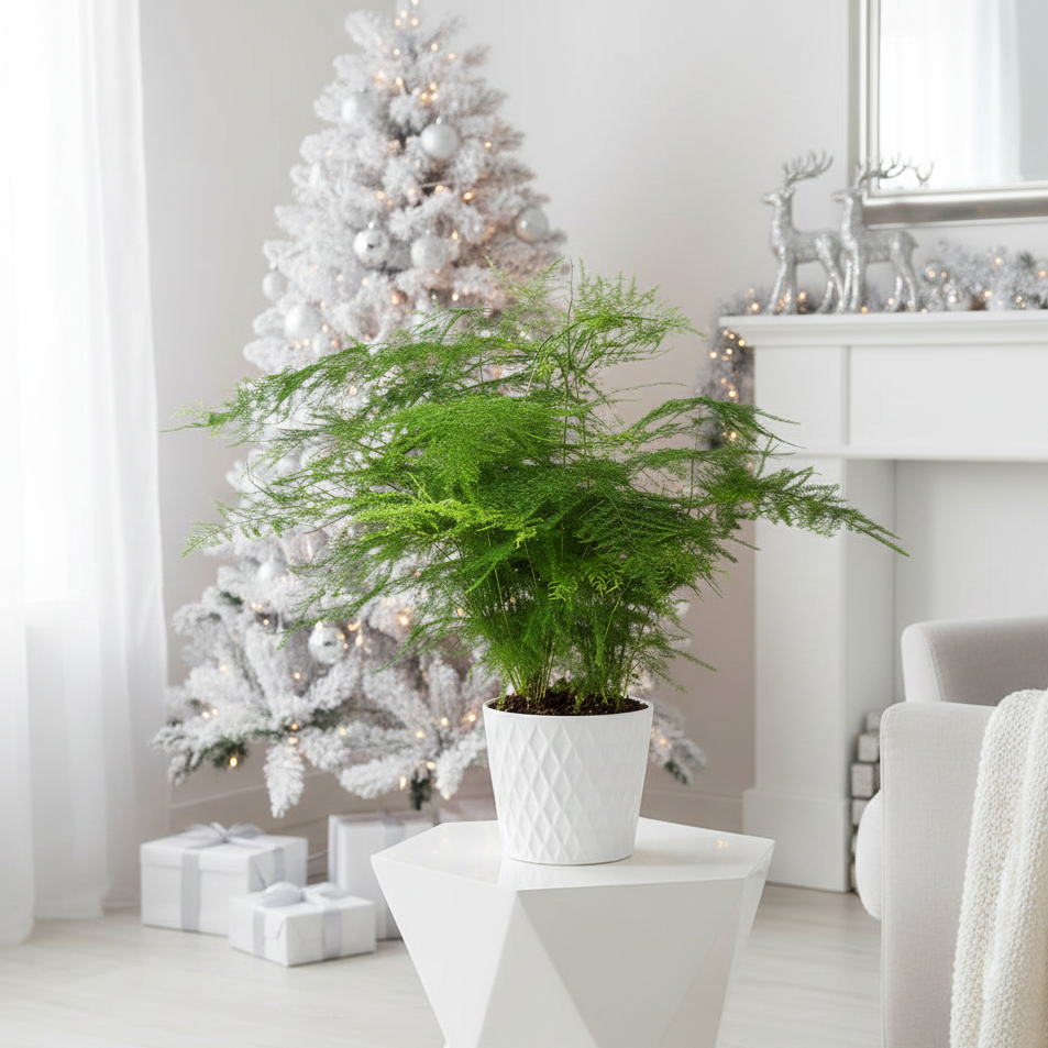 Asparagus 'Plumosa' fern in a decorative pot, showcasing its delicate, cascading, and bright green foliage.
