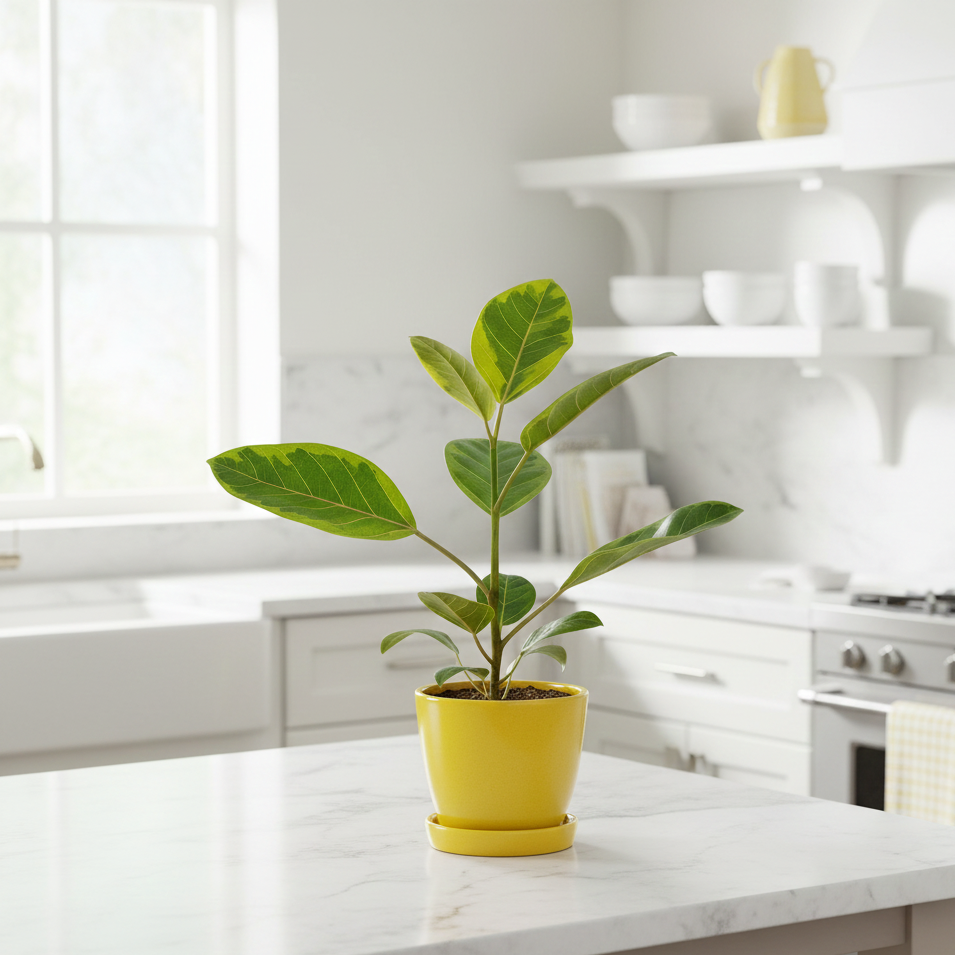 The stunning Ficus Altissima 'Yellow Gem' in decorative pot, Colorful Indoor Tree for Home Office Decor
