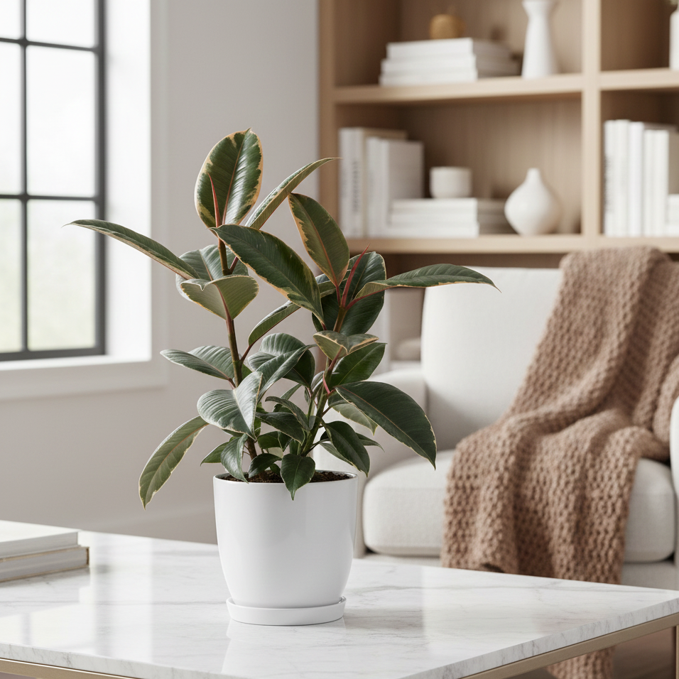 Ficus Elastica 'Tineke' Live Plant in White Ceramic Decorative Pot, colorful foliage houseplant for home decoration