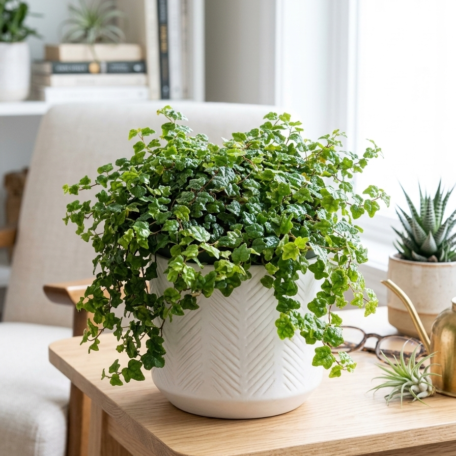 4" pot Ficus 'String of Frogs' live houseplant for sale, trailing forest green and white foliage with delicate quercifolia leaves, naturally humidifying air purifying indoor plant, perfect for hanging baskets and terrariums, beginner friendly gift for plant lovers.