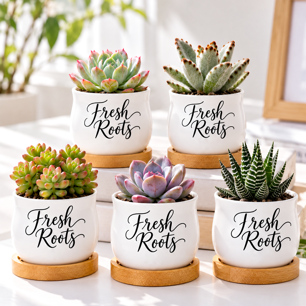 buy Pack of Succulent Pot Fresh Roots online, white glazed ceramic mini pot, barrel curved shape, bamboo drainage tray included, ideal for desktop or shelf display, makes a thoughtful gift for plant lovers and home decorators