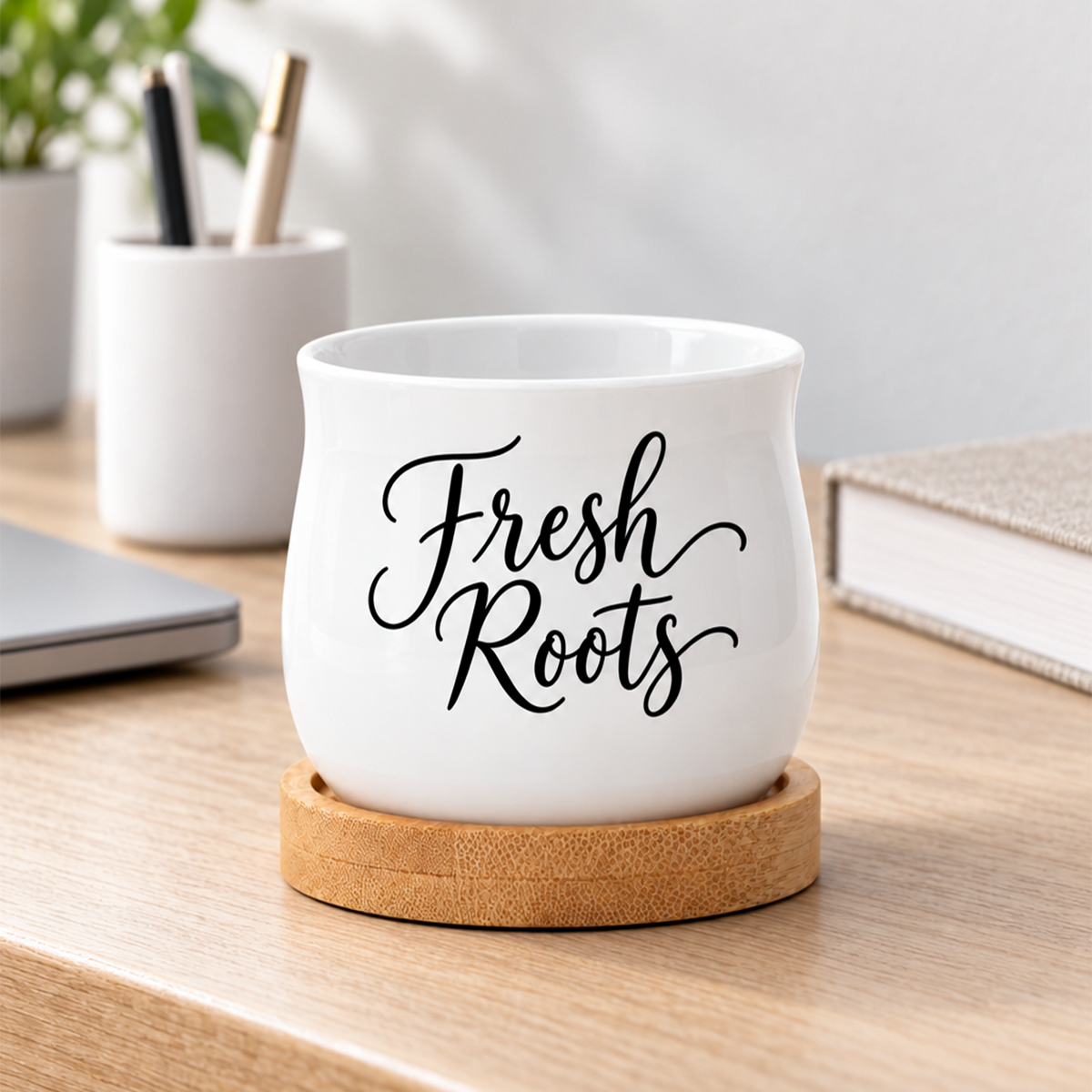 barrel style succulent pot - fresh roots for sale, mini ceramic planter in soft white, curved shape design, comes with coordinating bamboo base, perfect desk or shelf accent