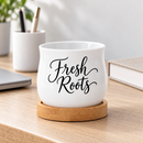 buy succulent pot - fresh roots online, compact white ceramic vessel, natural bamboo drainage tray included, versatile mini pot for plants or candles, charming decorative piece